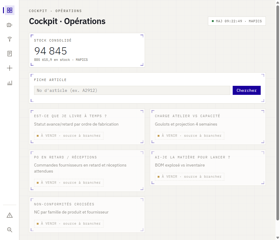 Cockpit Opérations : stock consolidé lu en direct de l'ERP