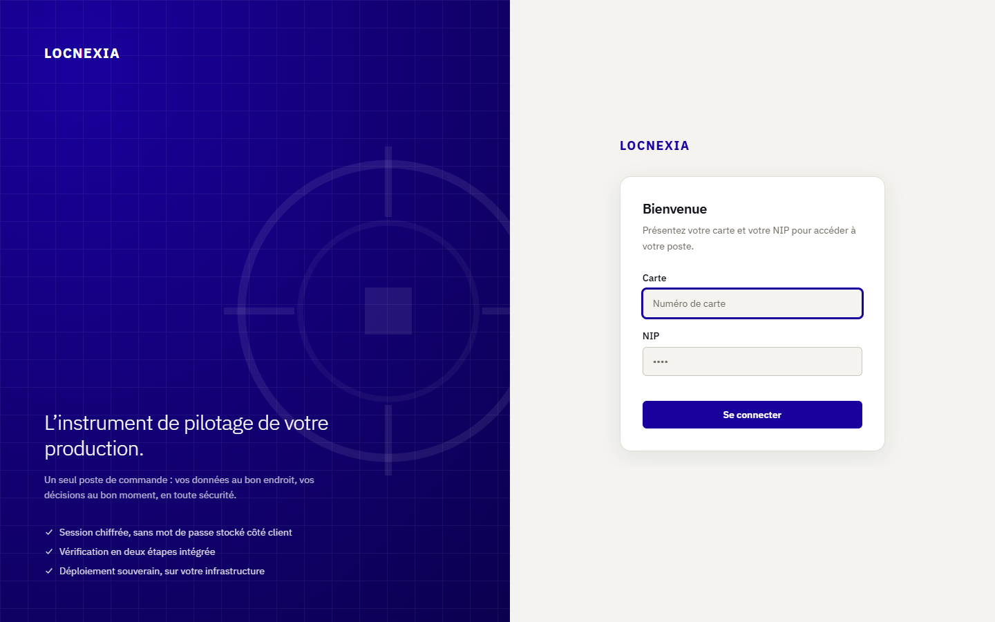 Écran de connexion LOCNEXIA : carte et NIP