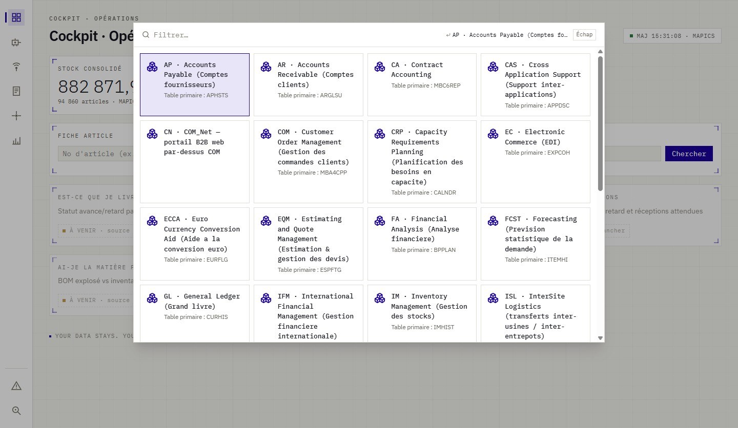 Lanceur de modules : les modules MAPICS reconnus, reliés à leurs tables primaires